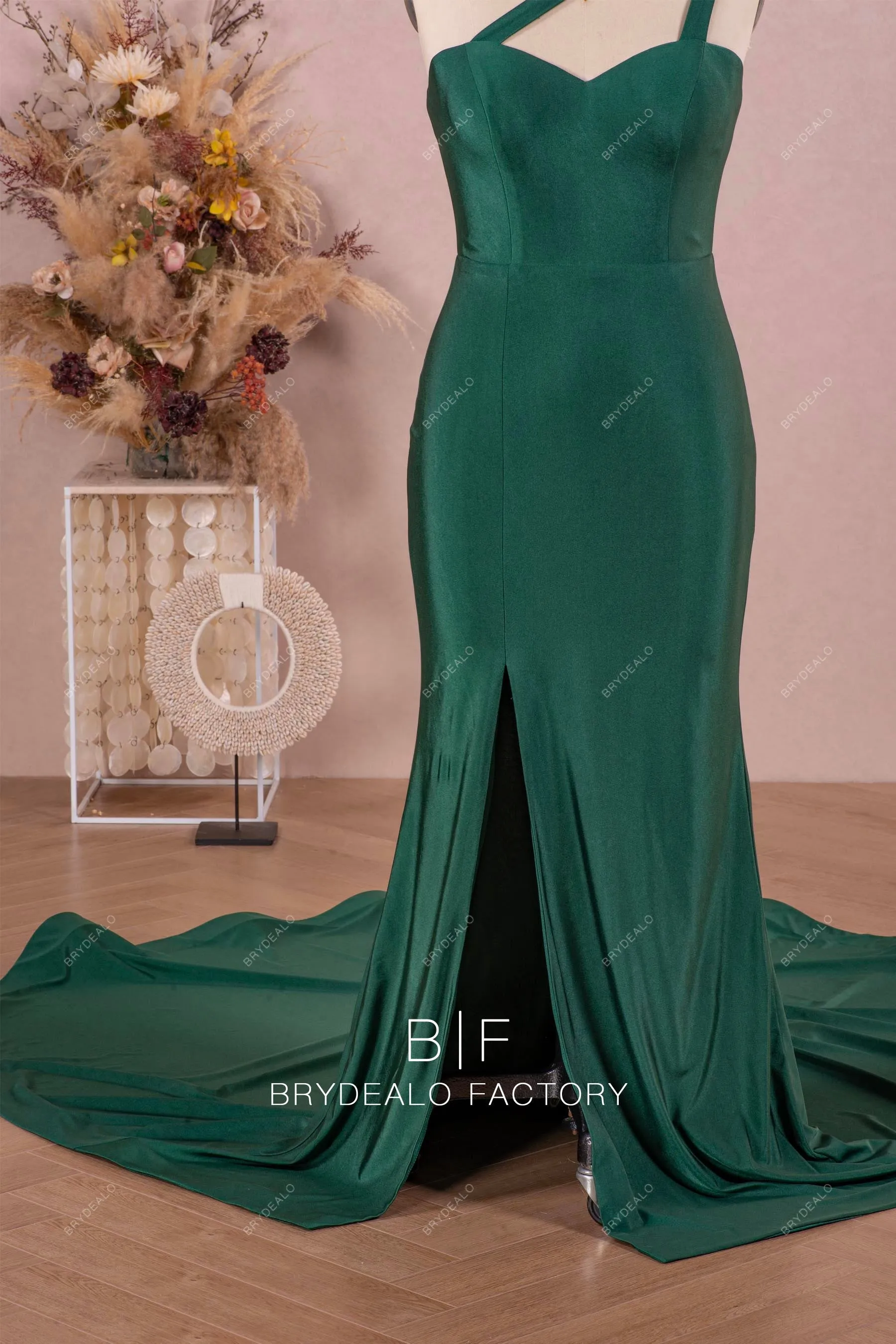 Dark Green Jersey Sleeveless Sweetheart Mermaid Slit Long Dress