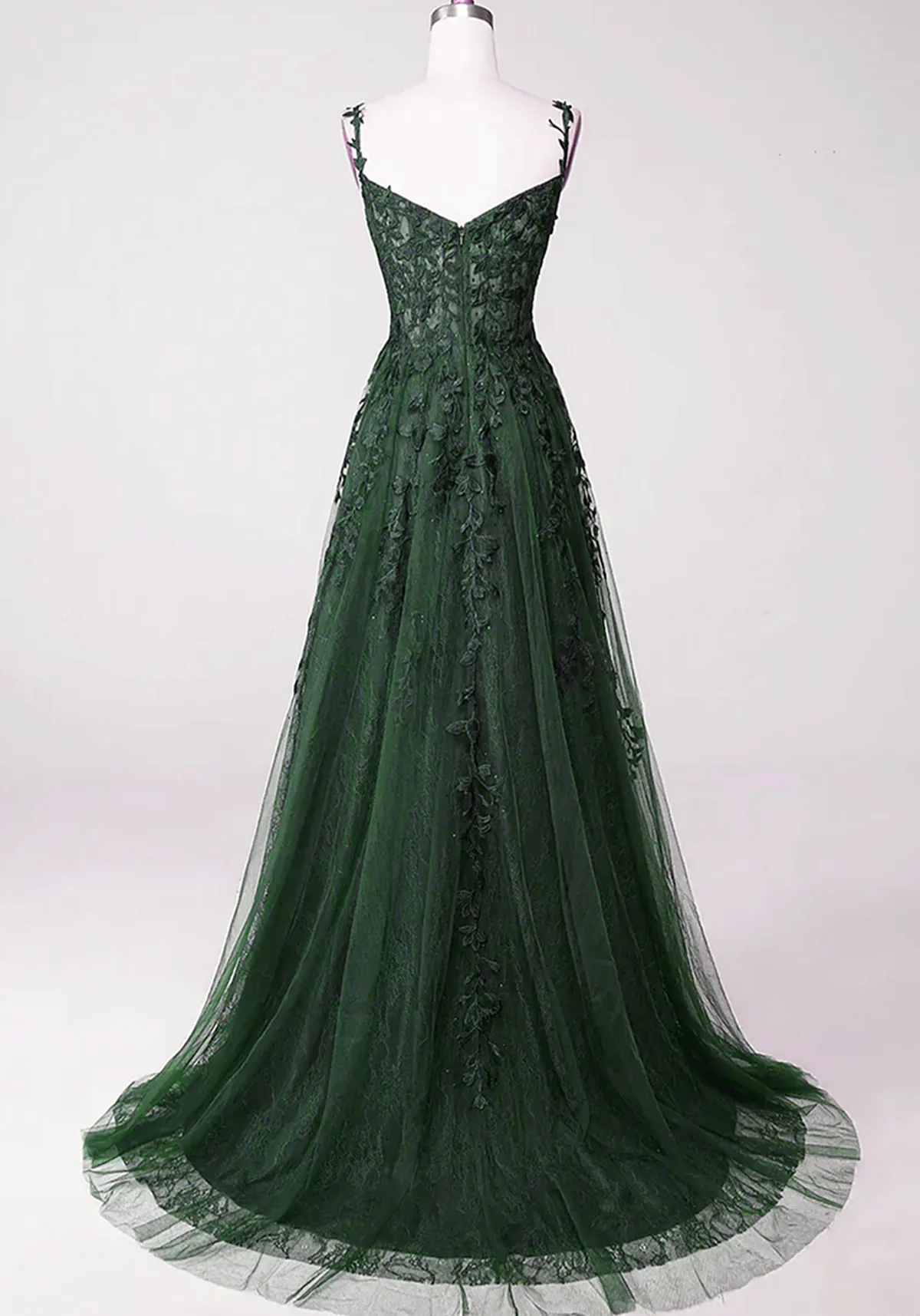 Dark Green Tulle With Lace Beaded Straps Prom Dress Green Long Formal Dress Party Dress