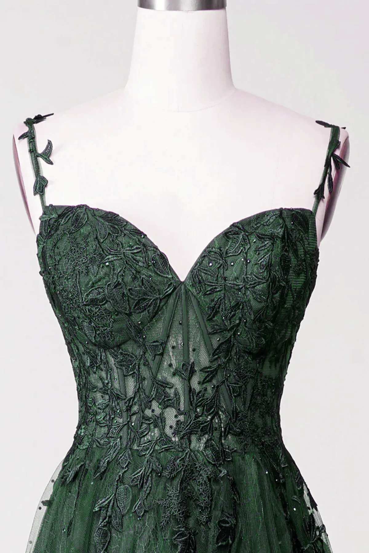 Dark Green Tulle With Lace Beaded Straps Prom Dress Green Long Formal Dress Party Dress