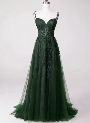 Dark Green Tulle With Lace Beaded Straps Prom Dress Green Long Formal Dress Party Dress