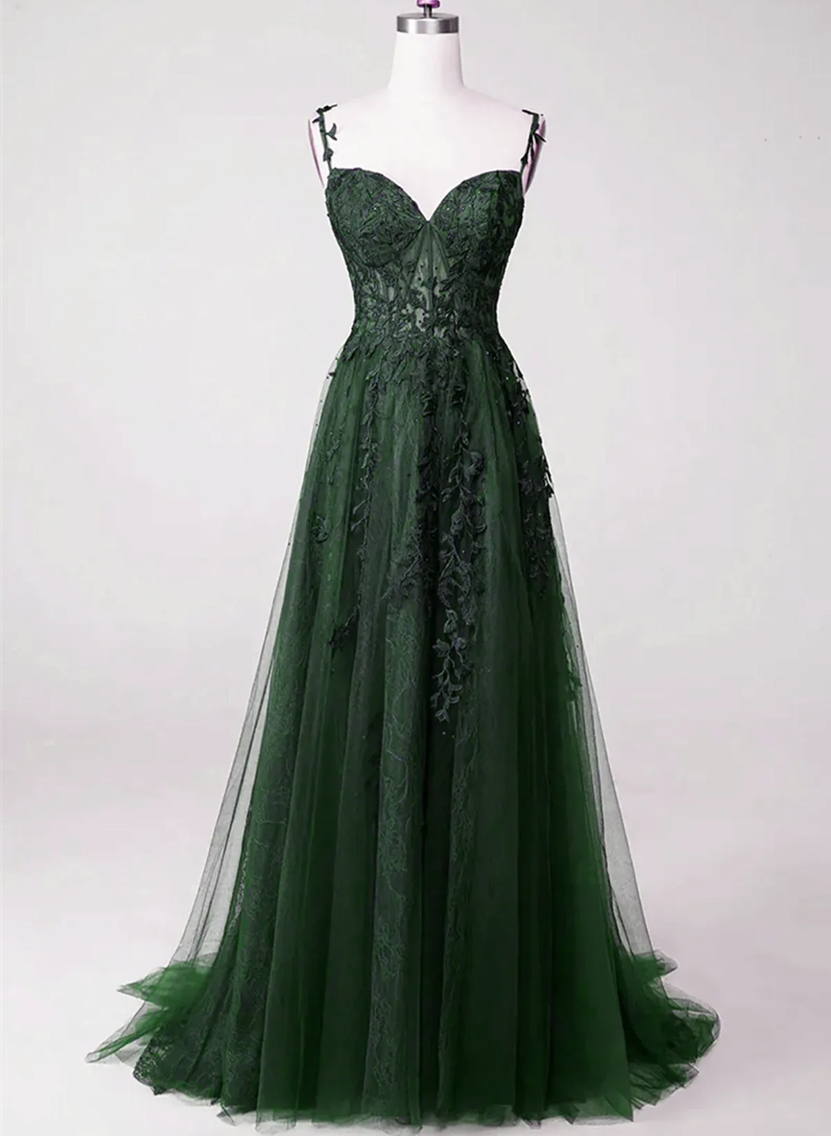 Dark Green Tulle With Lace Beaded Straps Prom Dress Green Long Formal Dress Party Dress