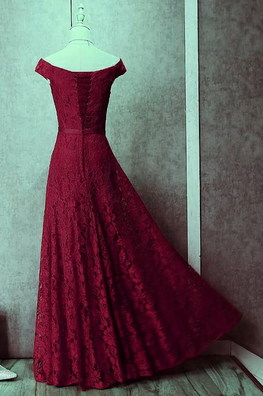 Dark Red Lace Off Shoulder Bridesmaid Dress Long Prom Dress