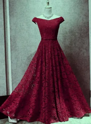 Dark Red Lace Off Shoulder Bridesmaid Dress Long Prom Dress