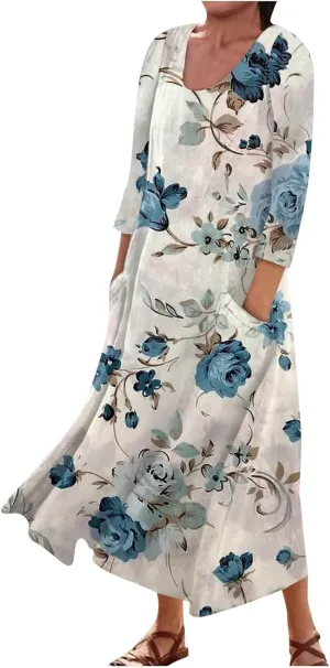 Dress Women Long Womens Boho Floral Print Loose Fit Casual Summer 3/4 Sleeve Crewneck Long Dress with Pockets