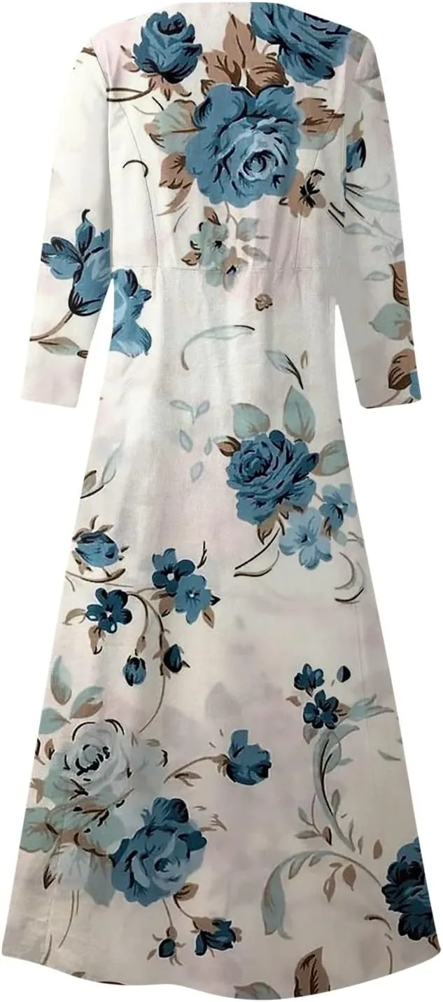 Dress Women Long Womens Boho Floral Print Loose Fit Casual Summer 3/4 Sleeve Crewneck Long Dress with Pockets