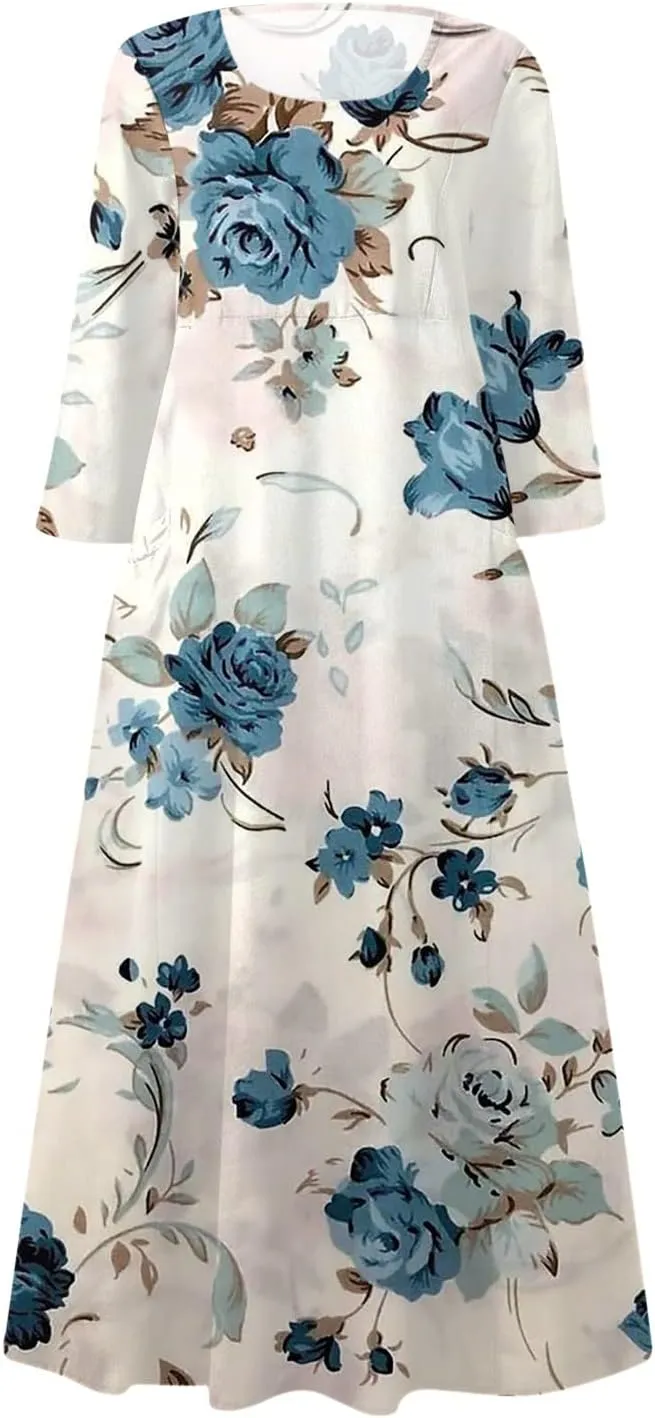 Dress Women Long Womens Boho Floral Print Loose Fit Casual Summer 3/4 Sleeve Crewneck Long Dress with Pockets