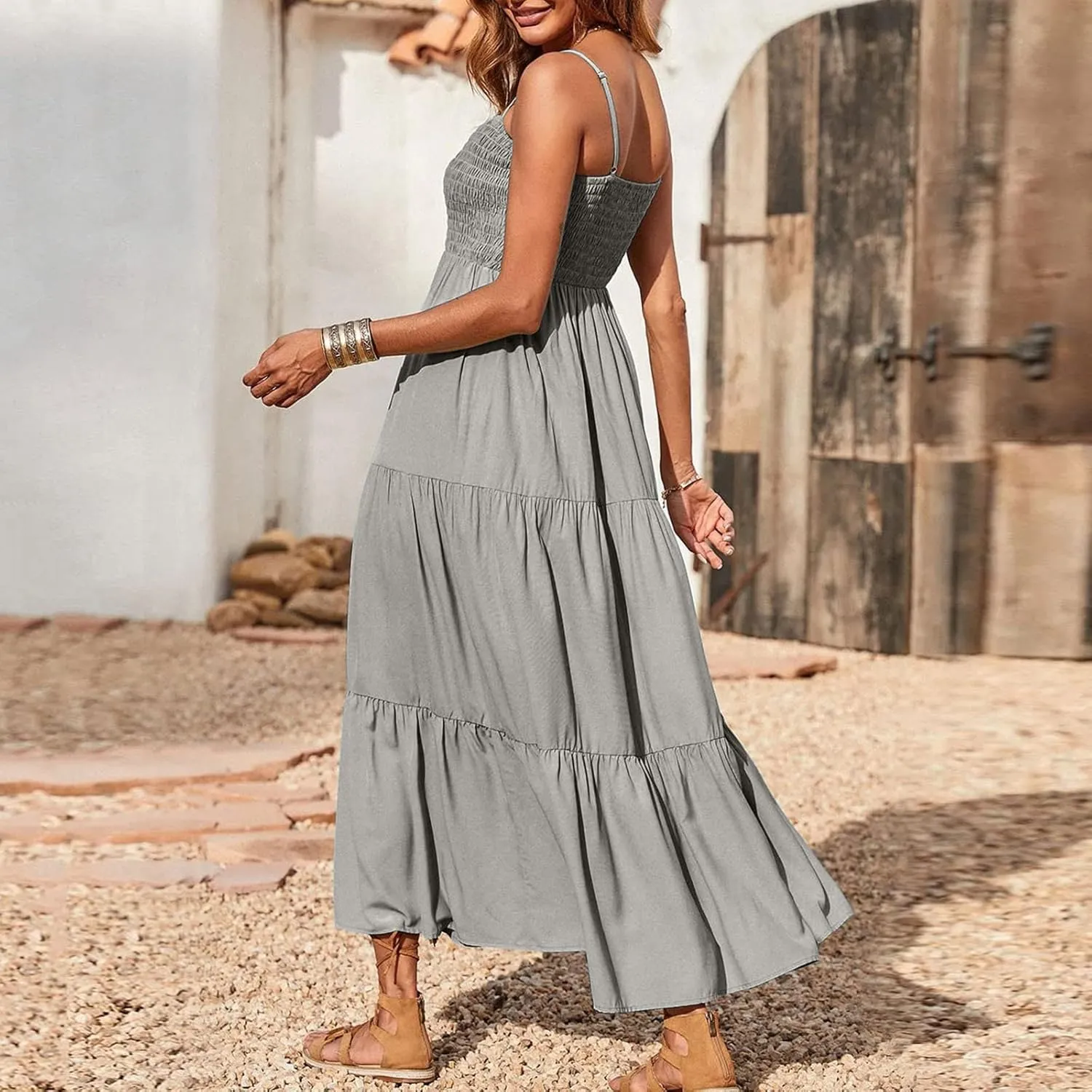 Dresses for Women 2024 Casual Bohemian Spaghetti Strap Smocked Tiered Long Beach Dresses Sleeveless Maxi Dress