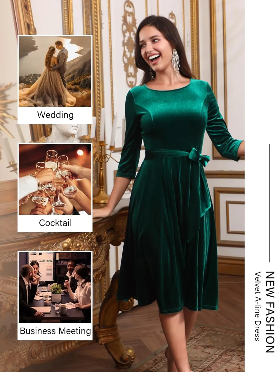 DRESSTELLS Velvet Cocktail Dress for Women, 2024 Winter Christmas Holiday Dress, 3/4 Long Sleeves Party Formal Dress