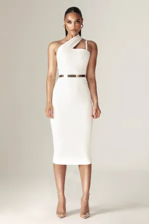 Emily Modern Lopsided Neckline Midi Dress (Off White)