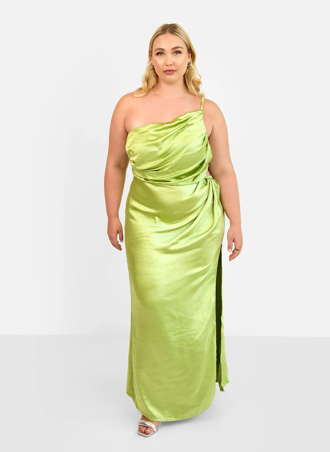 Emma Satin One Shoulder Maxi Bodycon Dress - Chartreuse