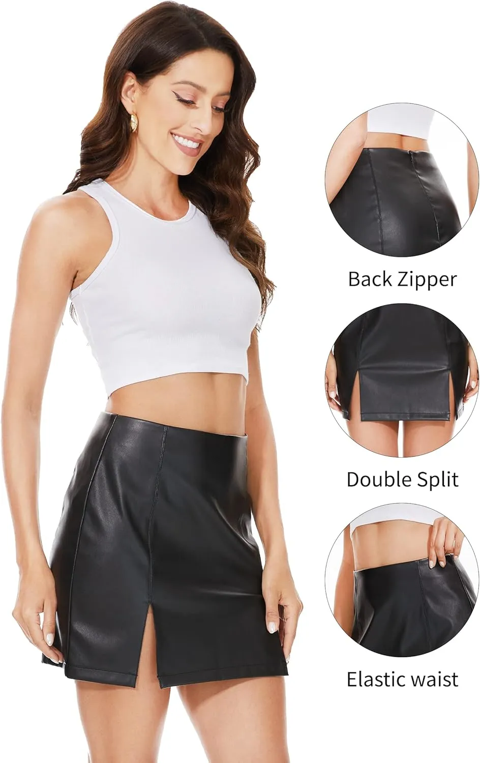 Fahsyee Leather Skirt, Women Faux Mini Elastic High Waist Plus Size Pencil Aline Bodycon Vegan Stretch Elegant Skirts S-XXL