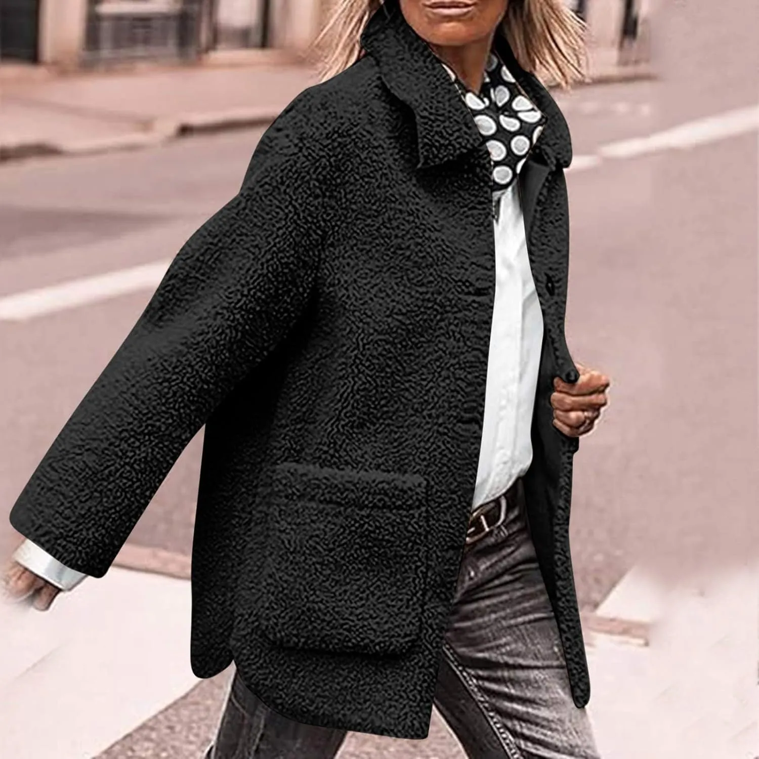 Fall Jackets for Women Trendy Fuzzy Fleece Faux Fur Coat Ladies Button Down Casual Jacket Outfits with Pockets