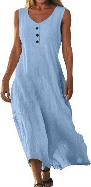 FlekmanArt Summer Cotton Linen Long Dress for Women 2025 Sleeveless Boho Flowy Dresses Plus Size Button V Neck Comfy Dress