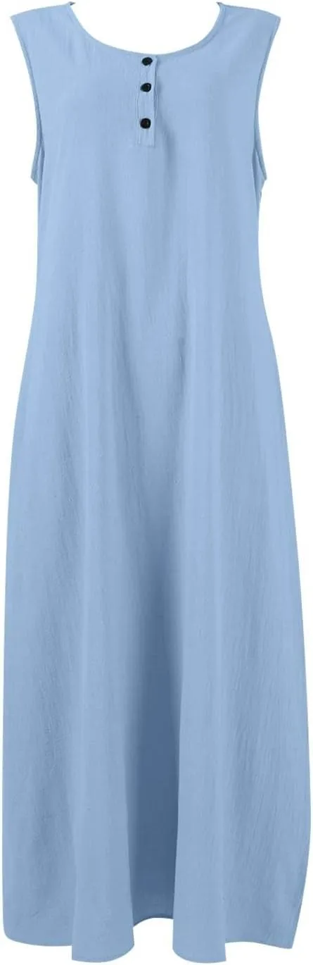 FlekmanArt Summer Cotton Linen Long Dress for Women 2025 Sleeveless Boho Flowy Dresses Plus Size Button V Neck Comfy Dress