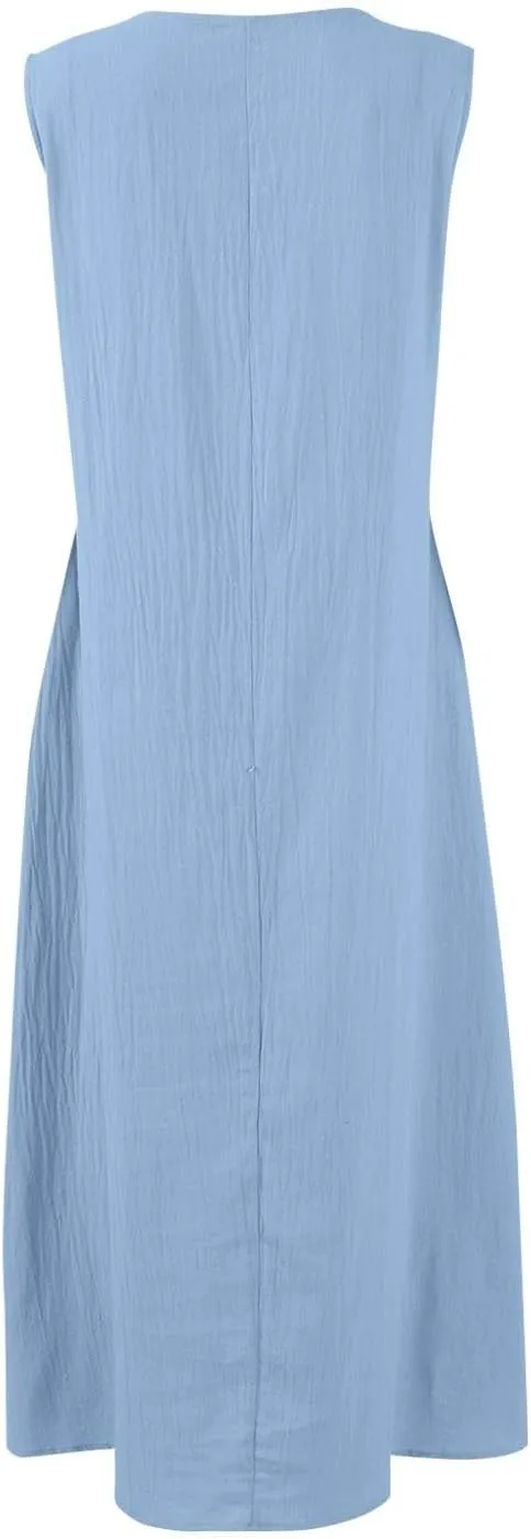 FlekmanArt Summer Cotton Linen Long Dress for Women 2025 Sleeveless Boho Flowy Dresses Plus Size Button V Neck Comfy Dress