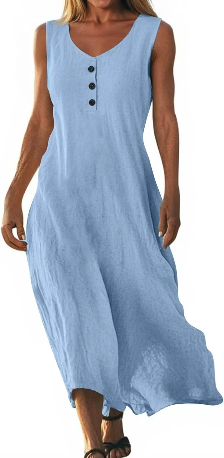 FlekmanArt Summer Cotton Linen Long Dress for Women 2025 Sleeveless Boho Flowy Dresses Plus Size Button V Neck Comfy Dress