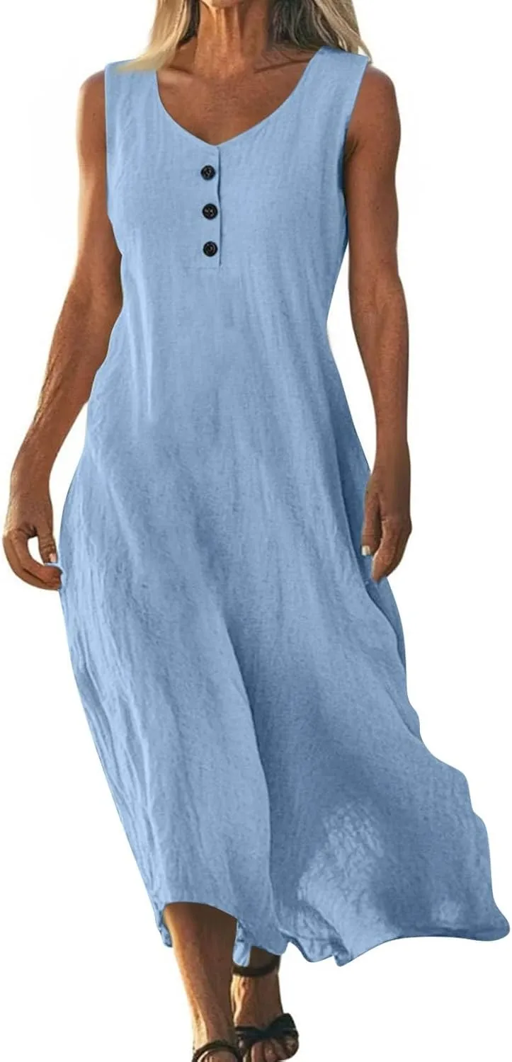 FlekmanArt Summer Cotton Linen Long Dress for Women 2025 Sleeveless Boho Flowy Dresses Plus Size Button V Neck Comfy Dress
