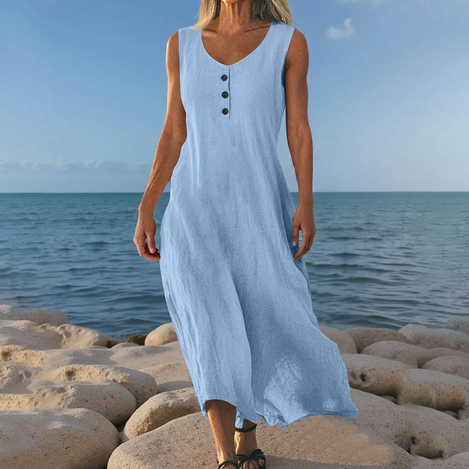 FlekmanArt Summer Cotton Linen Long Dress for Women 2025 Sleeveless Boho Flowy Dresses Plus Size Button V Neck Comfy Dress