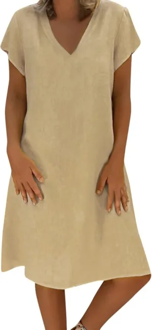 FZYLQY Womens Slim Dresses 2024 Ladies Summer Solid Cotton Linen Dress Short Sleeve V-Neck Dress Plus Size Mid-Calf Dress