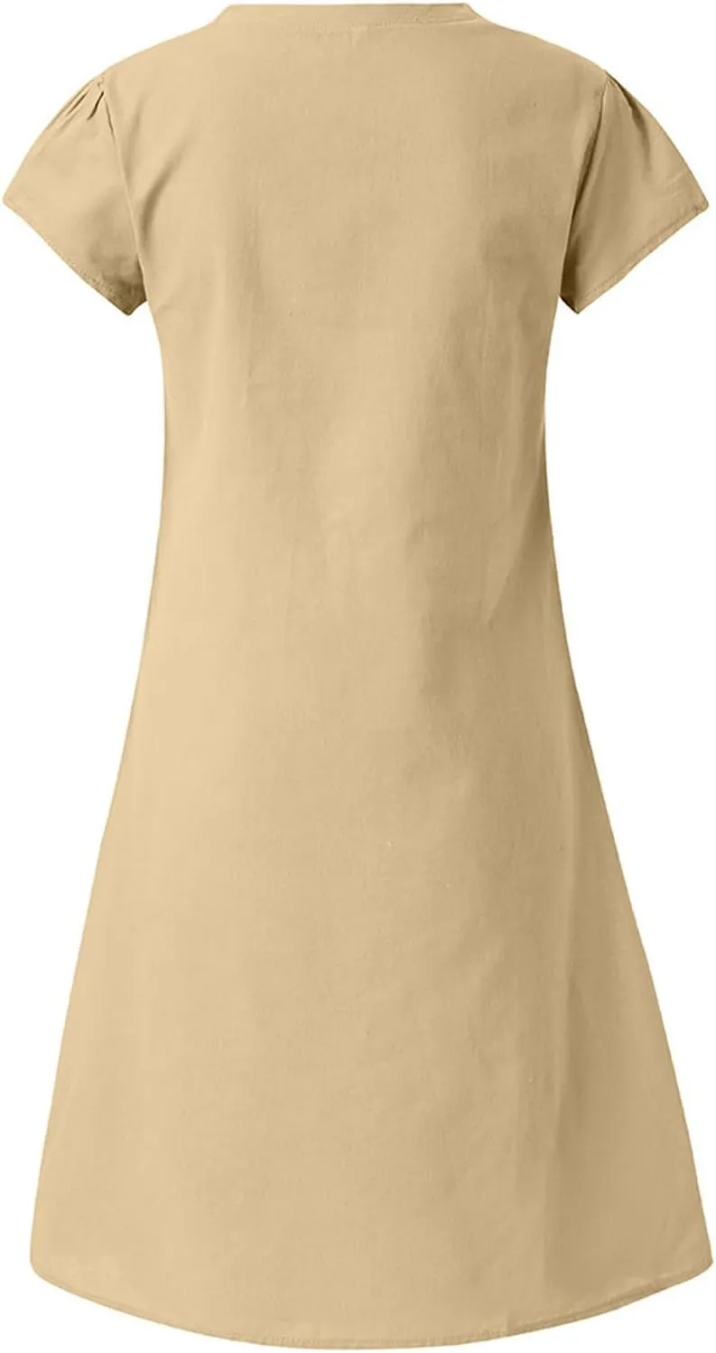 FZYLQY Womens Slim Dresses 2024 Ladies Summer Solid Cotton Linen Dress Short Sleeve V-Neck Dress Plus Size Mid-Calf Dress
