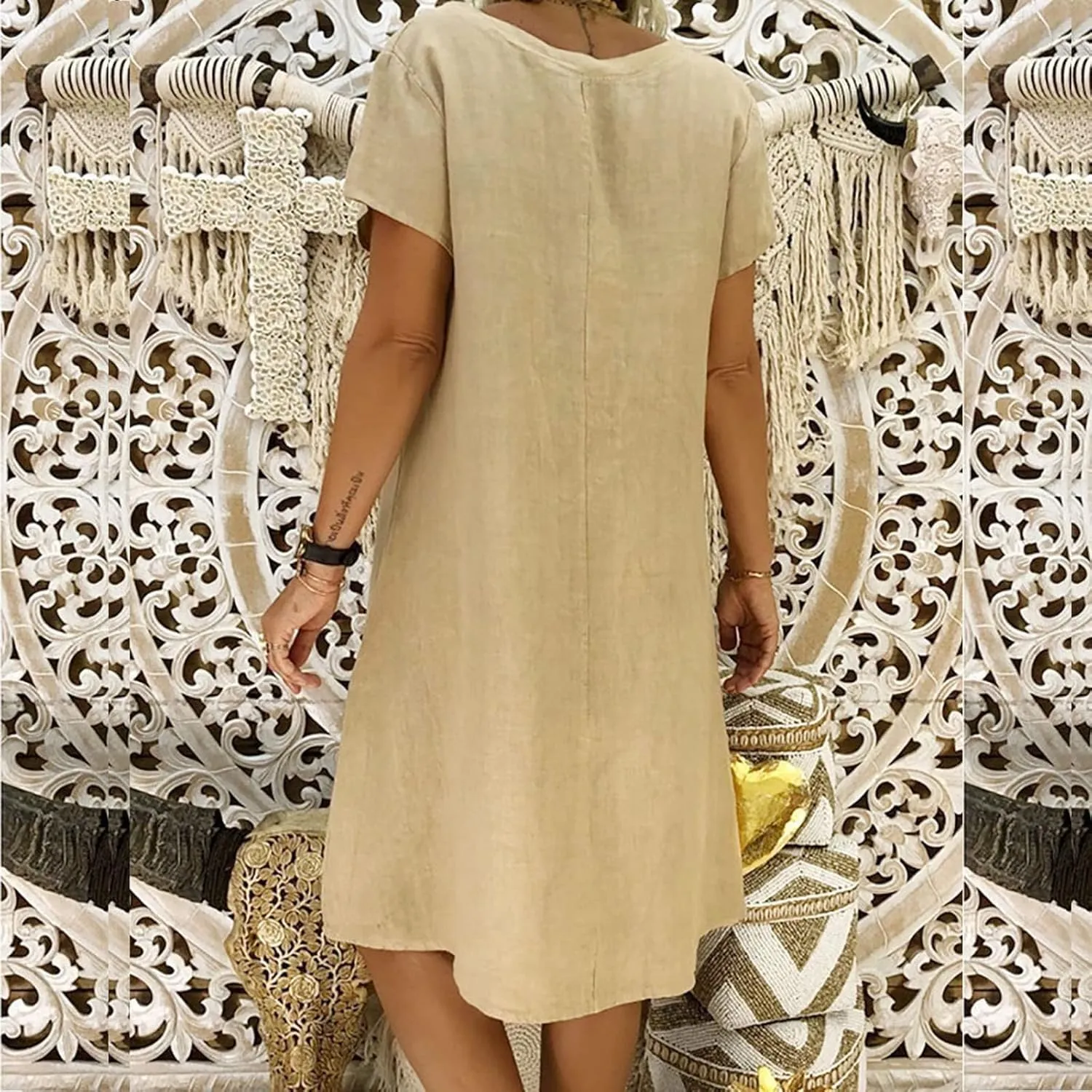 FZYLQY Womens Slim Dresses 2024 Ladies Summer Solid Cotton Linen Dress Short Sleeve V-Neck Dress Plus Size Mid-Calf Dress