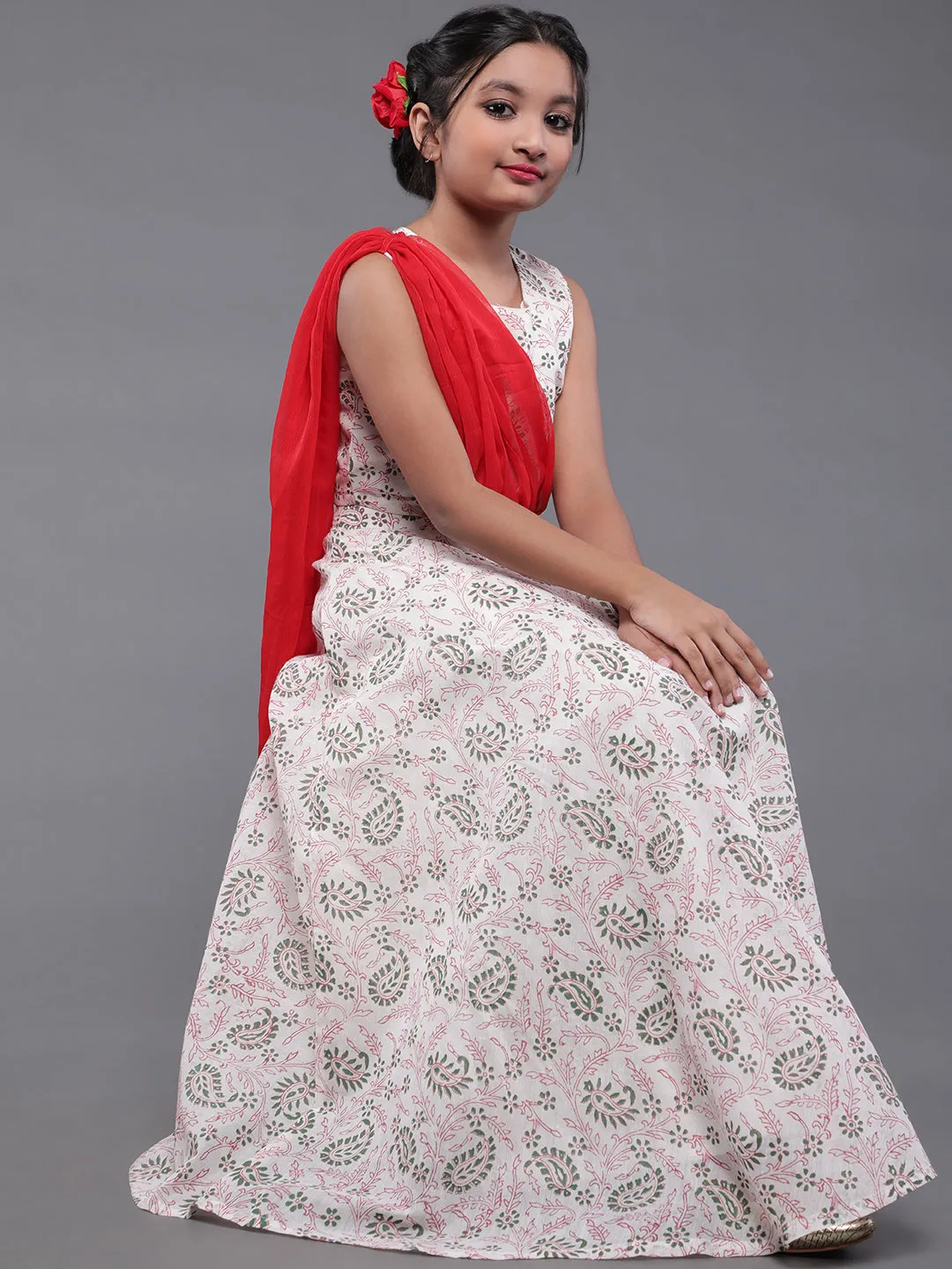 Girl's White & Red Hand Block Printed Lehenga Choli With Attatched Dupatta Set - Aks Girls
