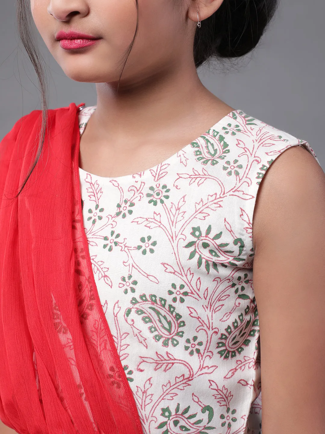 Girl's White & Red Hand Block Printed Lehenga Choli With Attatched Dupatta Set - Aks Girls