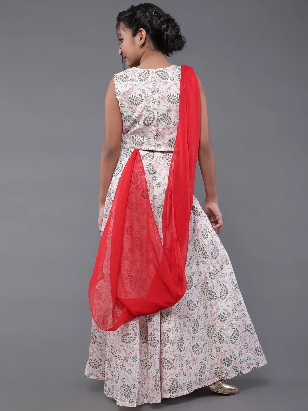 Girl's White & Red Hand Block Printed Lehenga Choli With Attatched Dupatta Set - Aks Girls