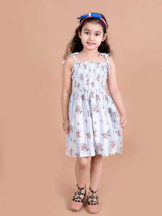 Girls White Floral Smocked Fit Flare Dress - Ps Peaches