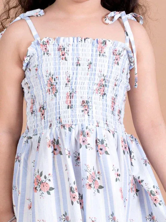 Girls White Floral Smocked Fit Flare Dress - Ps Peaches