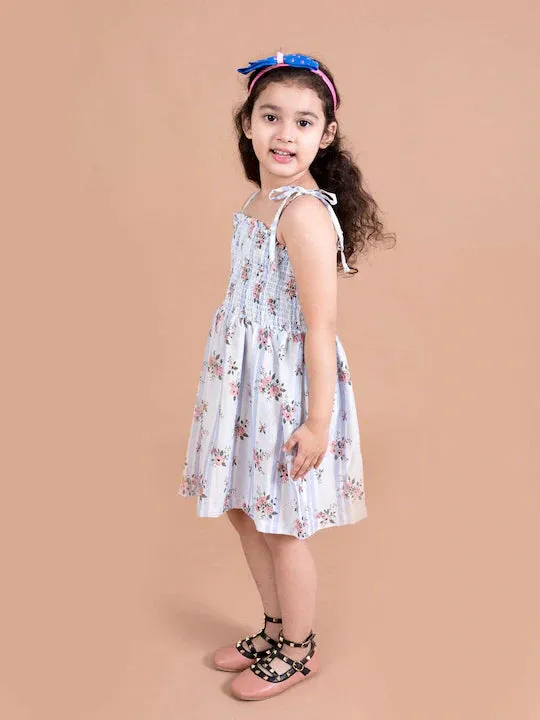 Girls White Floral Smocked Fit Flare Dress - Ps Peaches