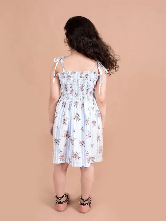 Girls White Floral Smocked Fit Flare Dress - Ps Peaches