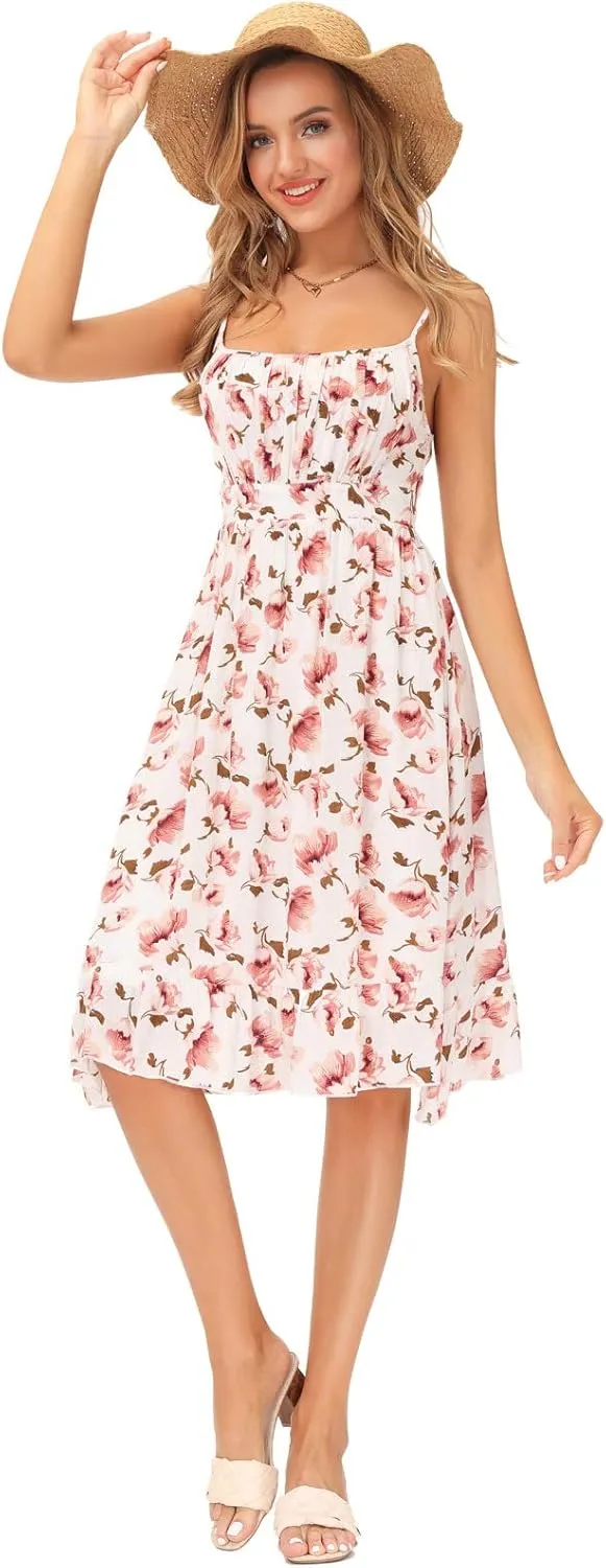 GRACE KARIN Women's Spaghetti Strap Floral Dress Ruffle Hem Pleated Casual Summer Dress Boho Flowy Midi Beach Dress