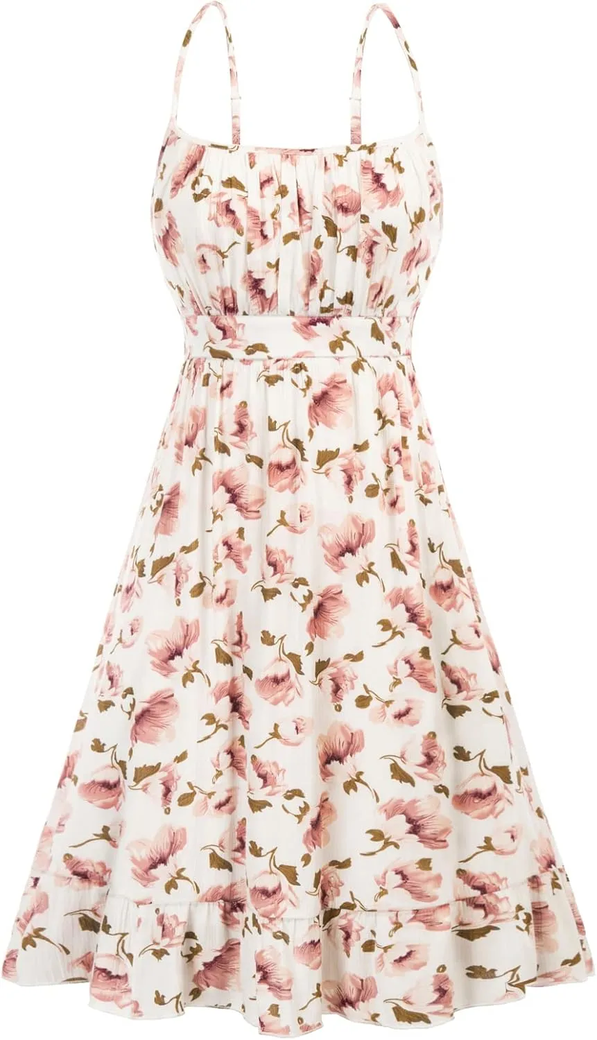 GRACE KARIN Women's Spaghetti Strap Floral Dress Ruffle Hem Pleated Casual Summer Dress Boho Flowy Midi Beach Dress