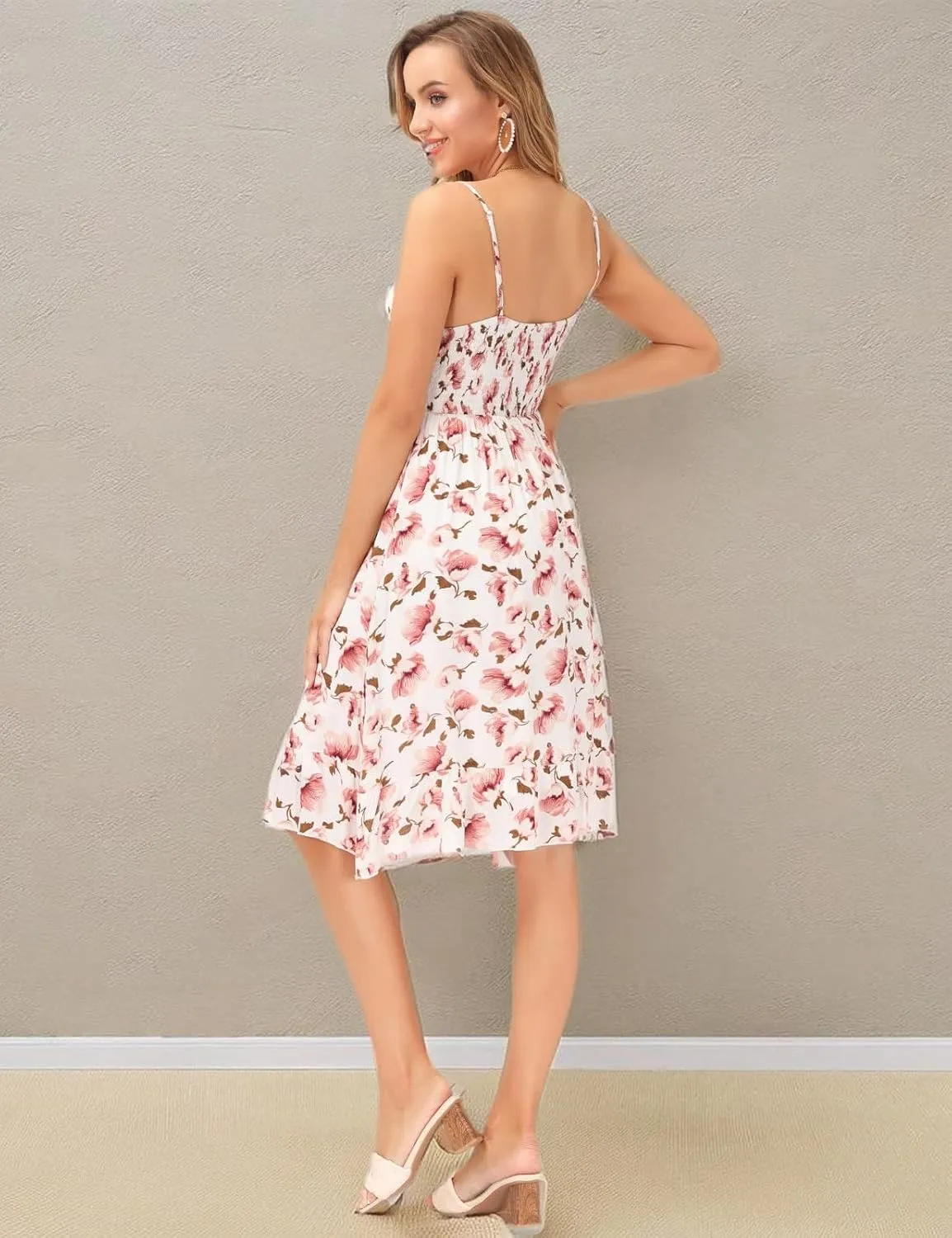 GRACE KARIN Women's Spaghetti Strap Floral Dress Ruffle Hem Pleated Casual Summer Dress Boho Flowy Midi Beach Dress