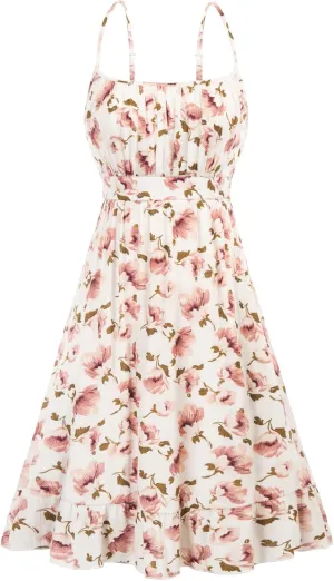 GRACE KARIN Women's Spaghetti Strap Floral Dress Ruffle Hem Pleated Casual Summer Dress Boho Flowy Midi Beach Dress