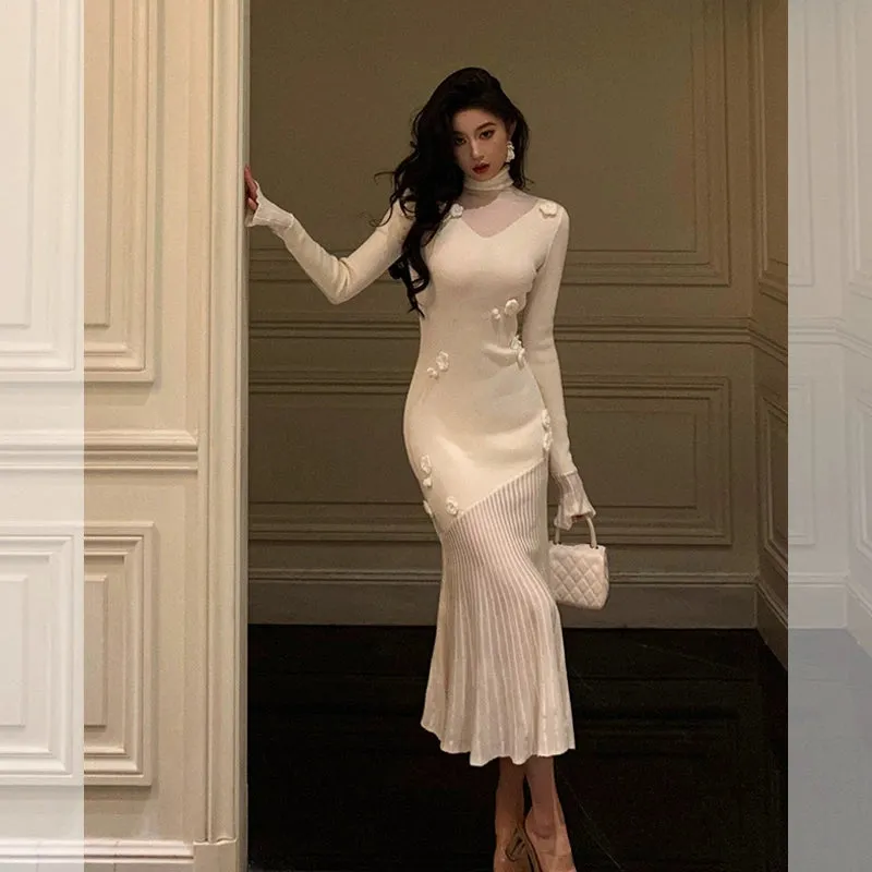 High neck white knitted dress for women handmade flowers party dress    S5517