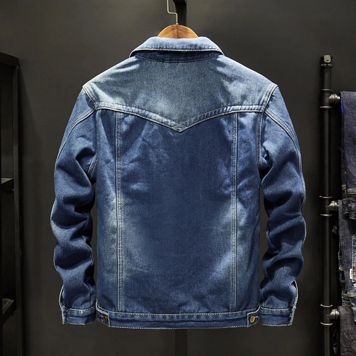 hlysgo Men's Denim Jacket Lapel Sherpa Fleece Lined Thicken Denim Jean Trucker Jacket Coats Slim Casual Jean Jacket Unisex