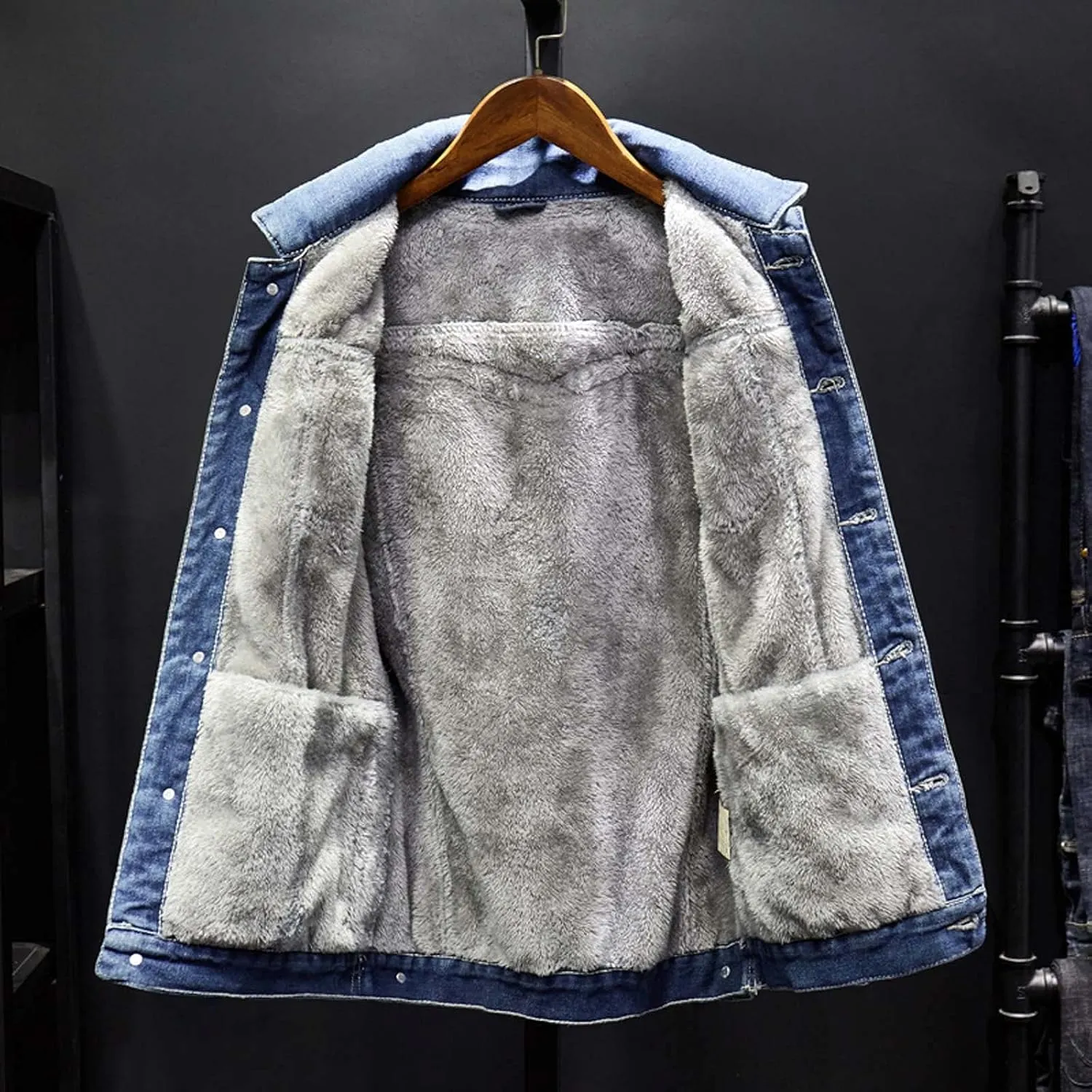 hlysgo Men's Denim Jacket Lapel Sherpa Fleece Lined Thicken Denim Jean Trucker Jacket Coats Slim Casual Jean Jacket Unisex