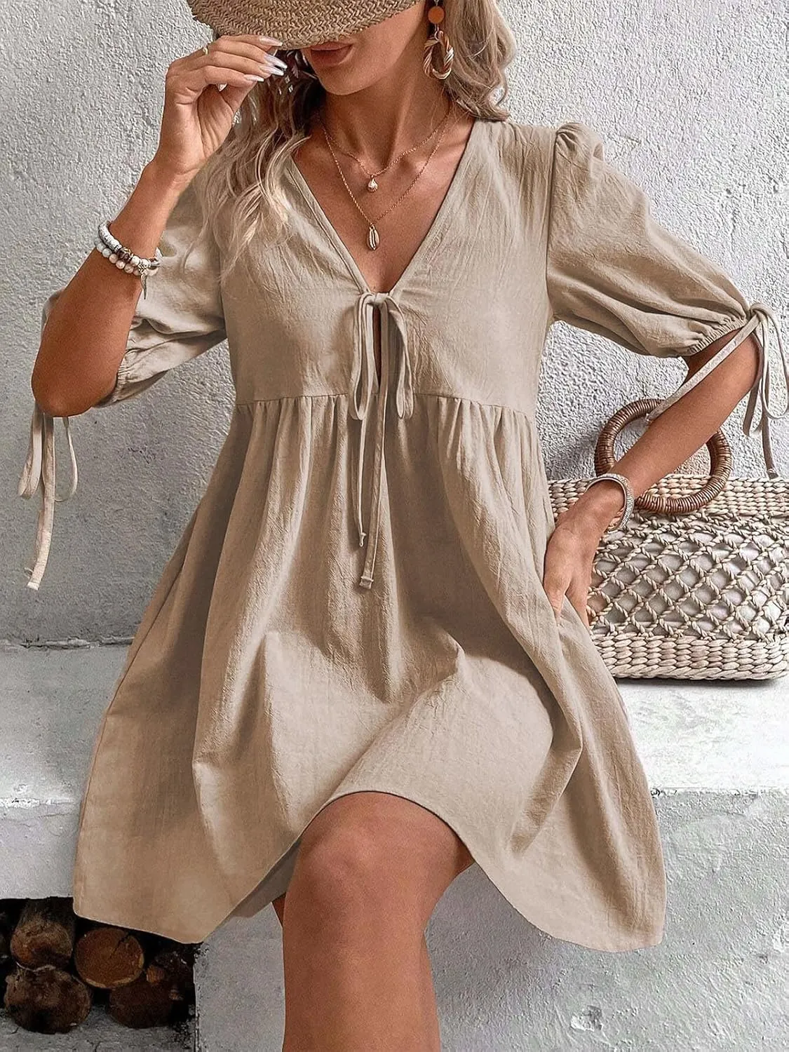 IDEALSANXUN Linen Dresses for Women 2025 Spring Summer Beach Tie Front V Neck Short Sleeve A Line Flowy Mini Sundress