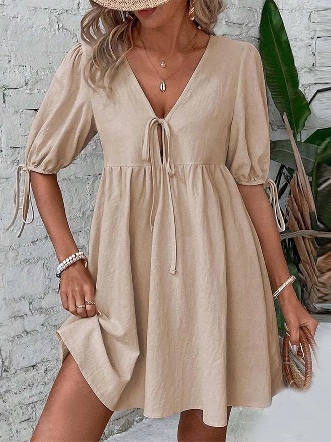 IDEALSANXUN Linen Dresses for Women 2025 Spring Summer Beach Tie Front V Neck Short Sleeve A Line Flowy Mini Sundress