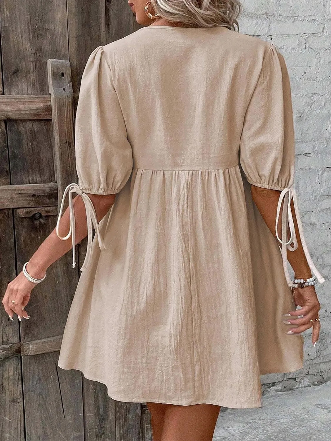 IDEALSANXUN Linen Dresses for Women 2025 Spring Summer Beach Tie Front V Neck Short Sleeve A Line Flowy Mini Sundress