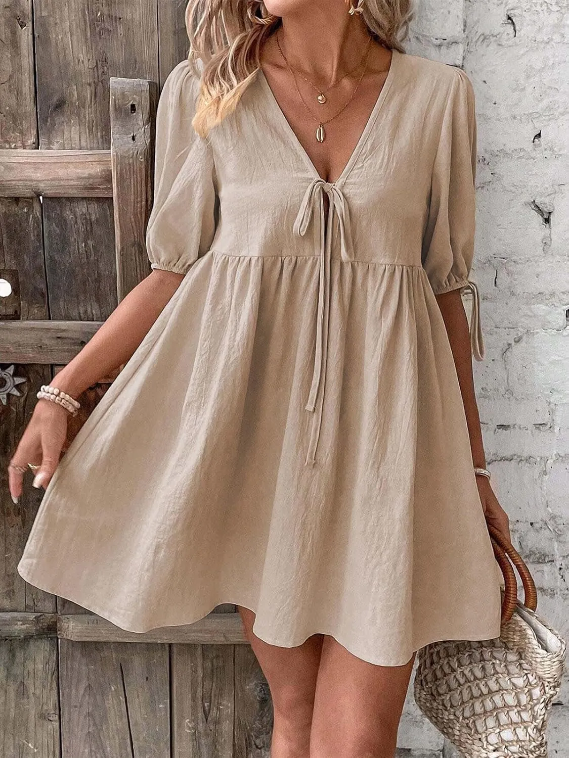 IDEALSANXUN Linen Dresses for Women 2025 Spring Summer Beach Tie Front V Neck Short Sleeve A Line Flowy Mini Sundress