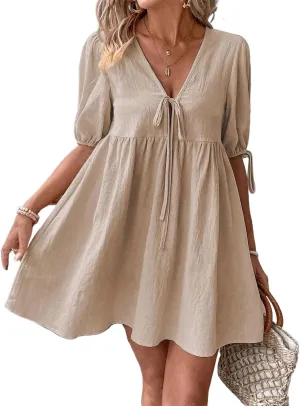 IDEALSANXUN Linen Dresses for Women 2025 Spring Summer Beach Tie Front V Neck Short Sleeve A Line Flowy Mini Sundress