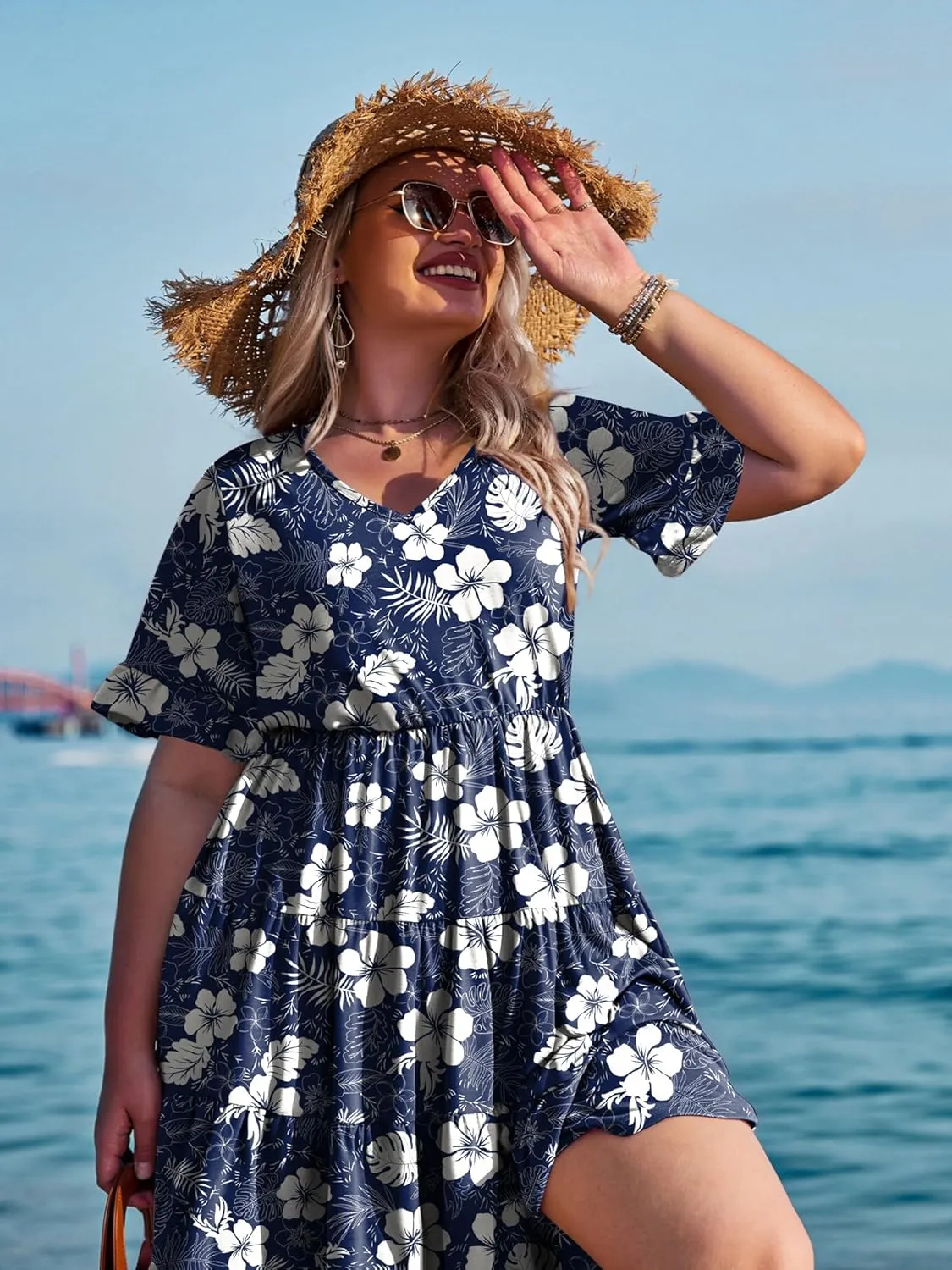 IN'VOLAND Womens Plus Size Short Sleeve Dress Summer Midi Casual Tiered V-Neck Aline Flowy Loose Dresses with Pockets