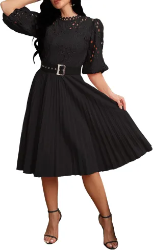 IWFEV Lace Pleated Dress Puff Sleeve Mid-Calf Short Sleeve Midi Dress Hollow Party Evening Dress