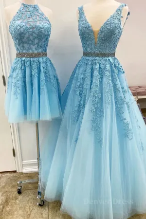 kamahe Blue tulle lace A line prom dress blue lace tulle formal dress