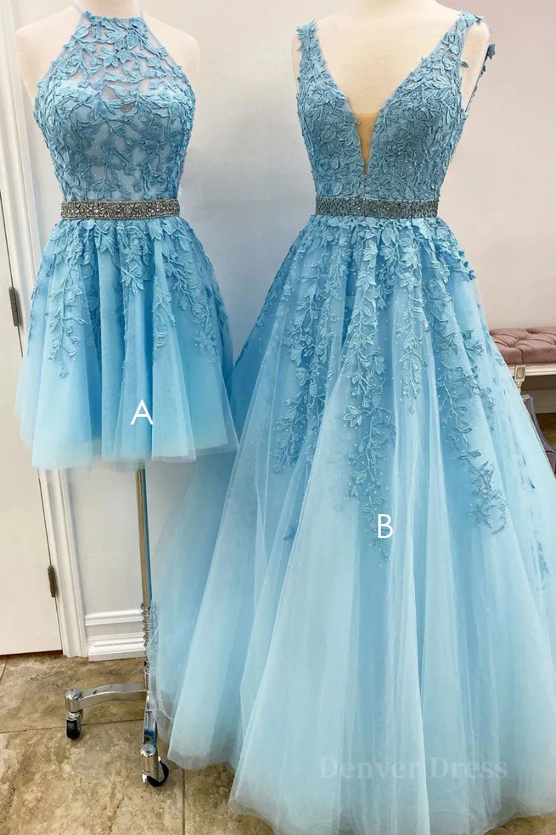 kamahe Blue tulle lace A line prom dress blue lace tulle formal dress