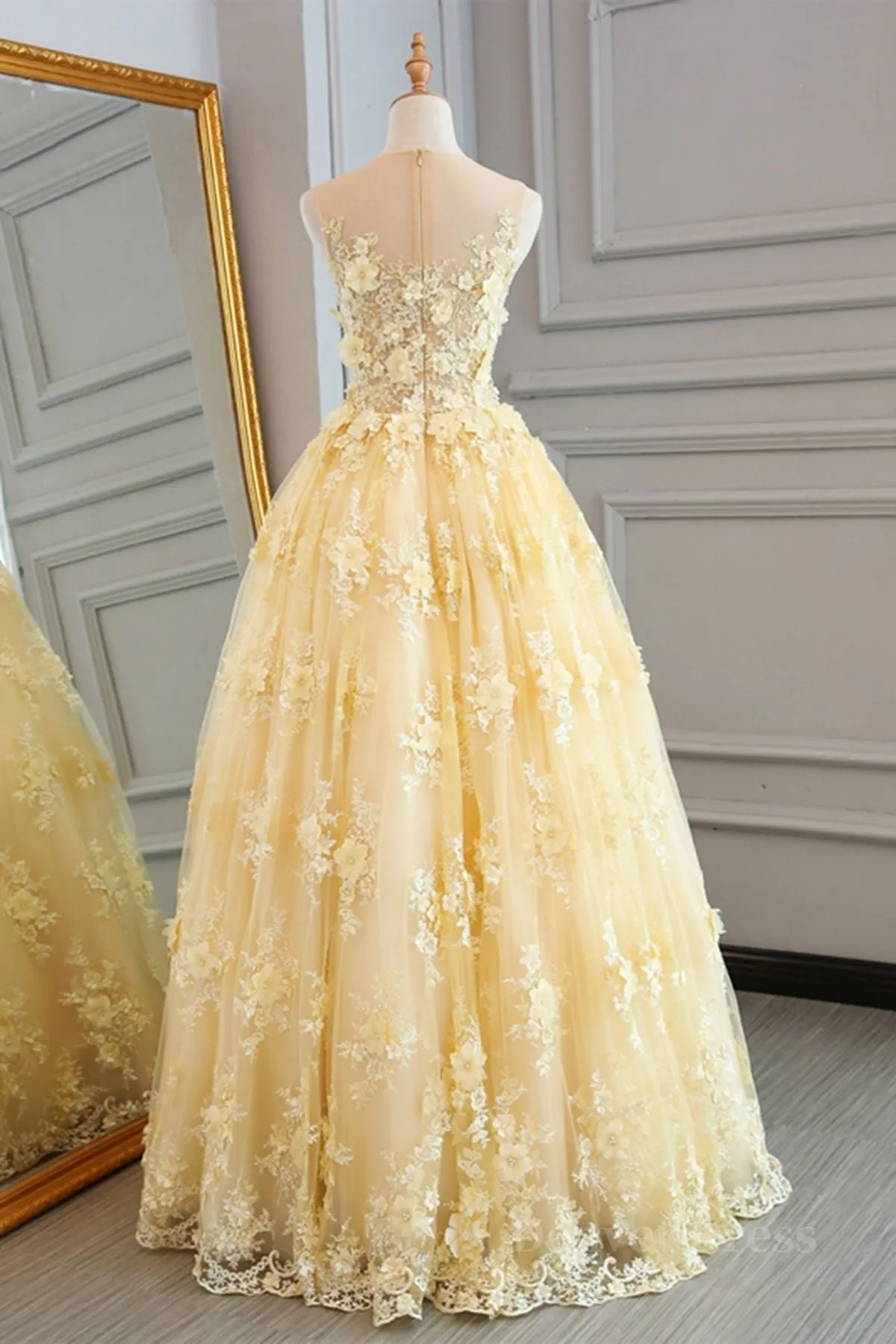 kamahe Gorgeous Yellow Lace Appliques Long Prom Dress, Yellow Lace Formal Dress, Yellow Evening Dress