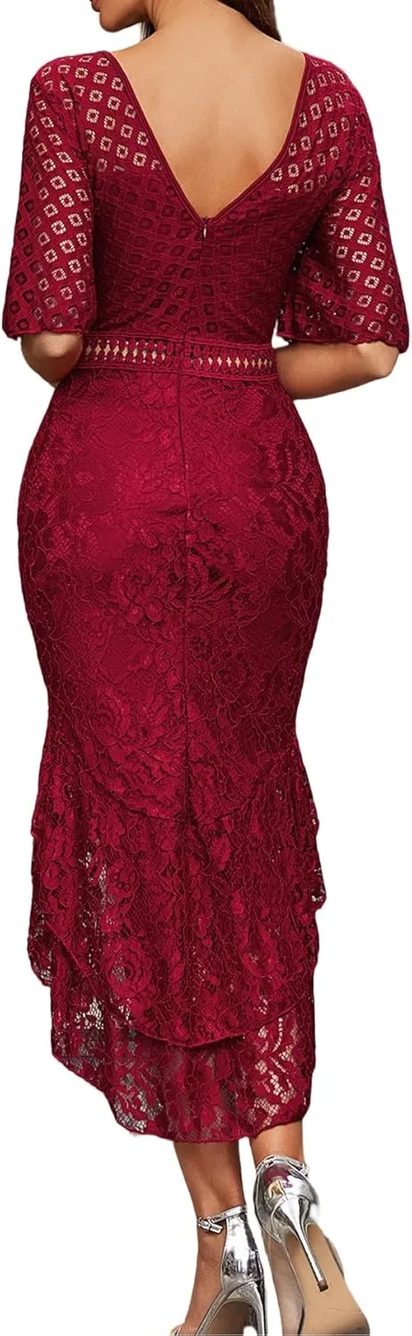 Lace Dress for Women Sexy Backless Midi Bodycon Dress Slim Fitted Cocktail Party Fishtail Dress